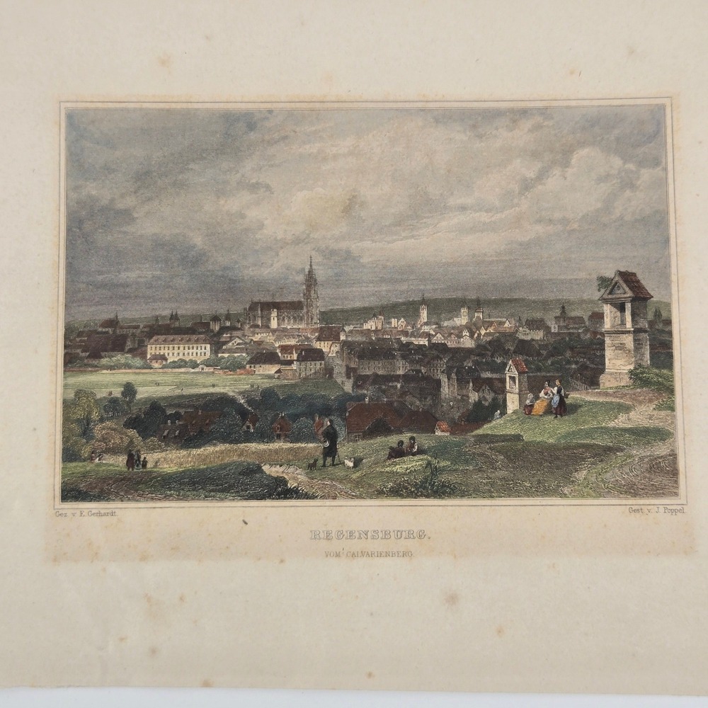 Antique Hand Colored Steel Engraving Regensburg Germany Gerhardt Poppel Print